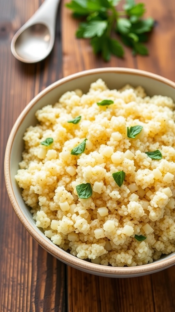 Fluffy quinoa in a bowl, garnished with herbs, on a rustic wooden table.
